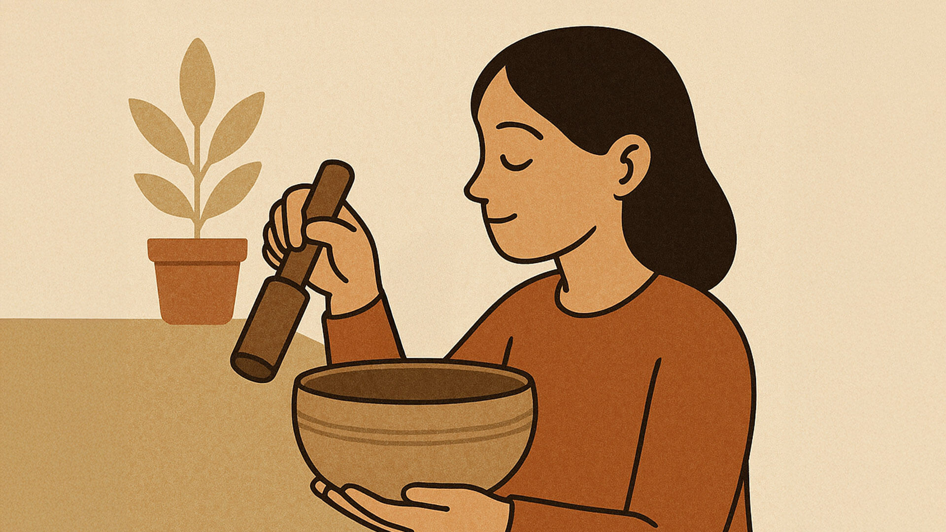 ilustrace ženy hrající na tibetskou mísu