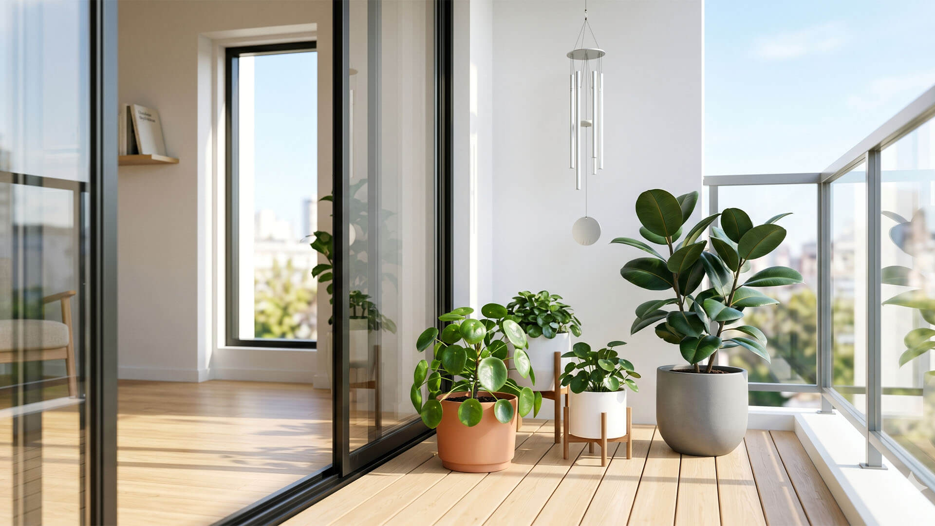 Balkon s květinami a zvonkohrou